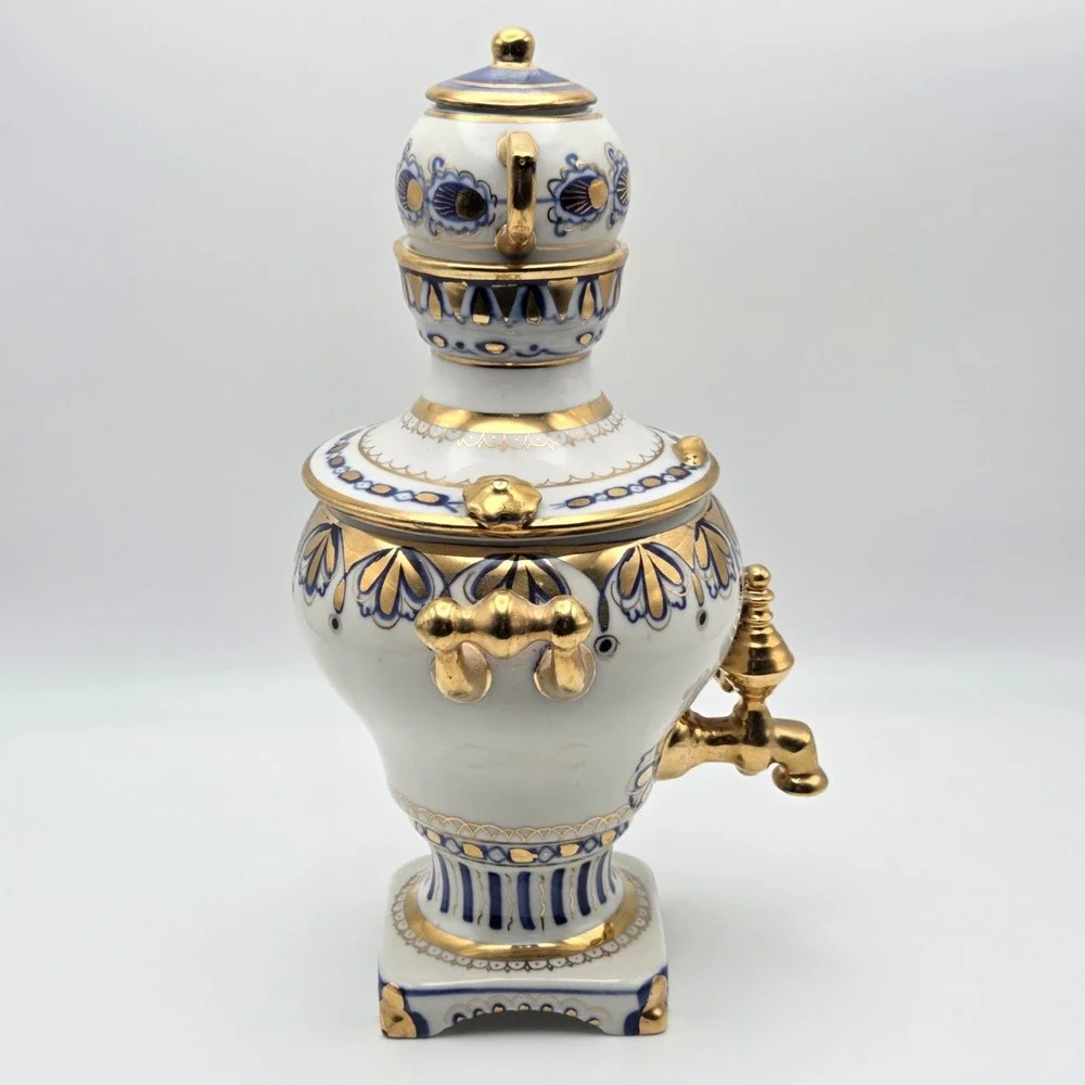 Vintage Russian Gzhel Decorative USSR Porcelain‎ Samovar Teapot Gift Gold Gilt